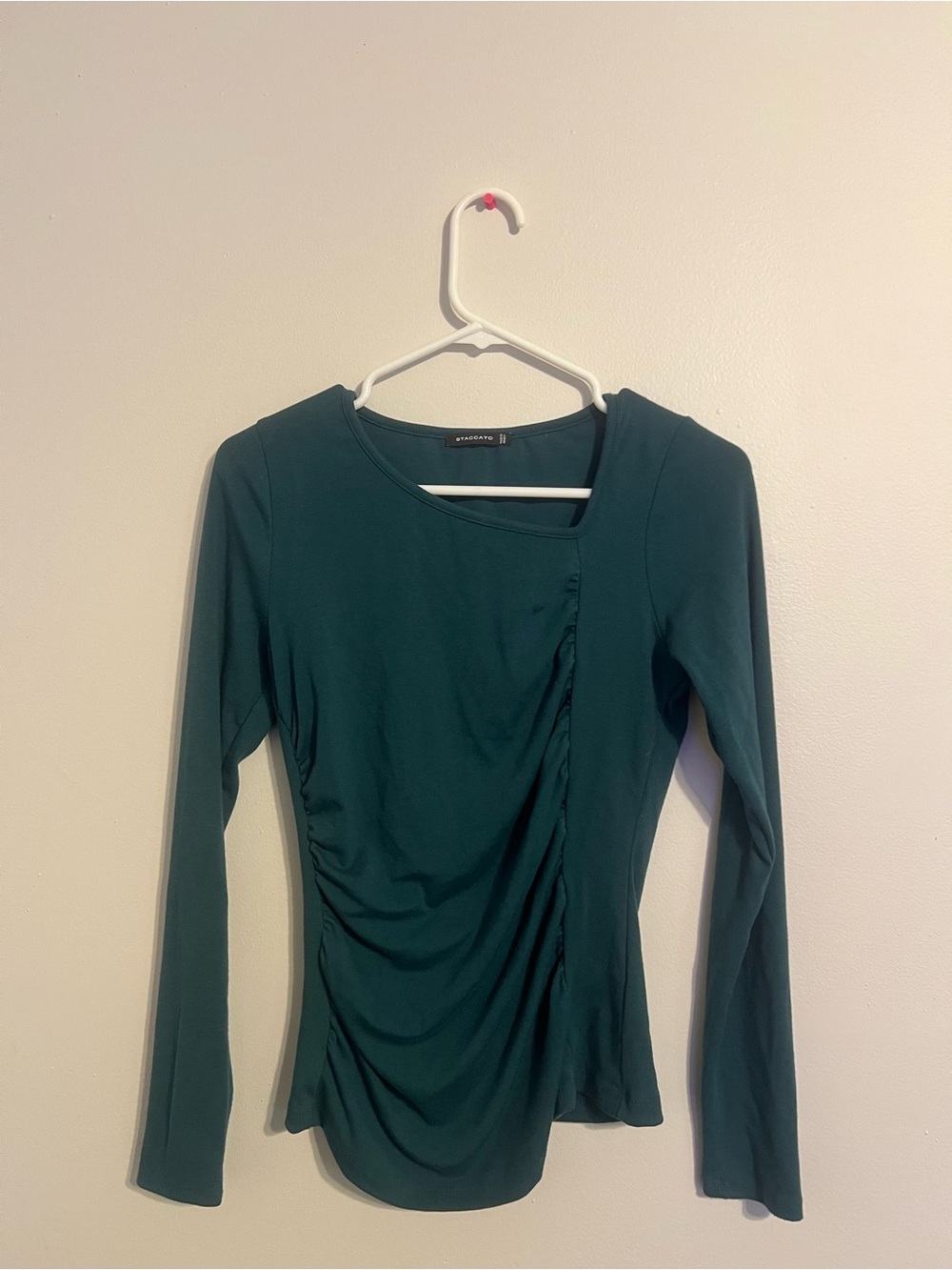 Staccato Women's Long Sleeve Blouse Size Extra Small Blue/Green Solid Scrunched